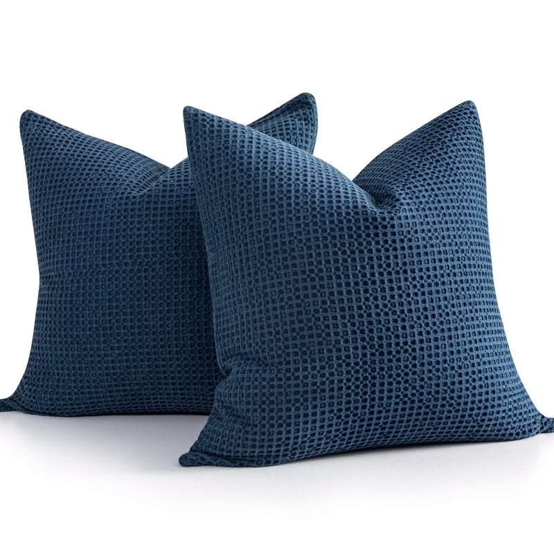 COCOPLOCEUS 26x26 Pillow Covers Set of 2 Euro Shams Cotton Euro Sham Pillow Covers Waffle Weave Pillowcase Farmhouse Decorative Euro Throw Pillow Covers for Couch Sofa Bedroom Car  Dark Blue - Image 1